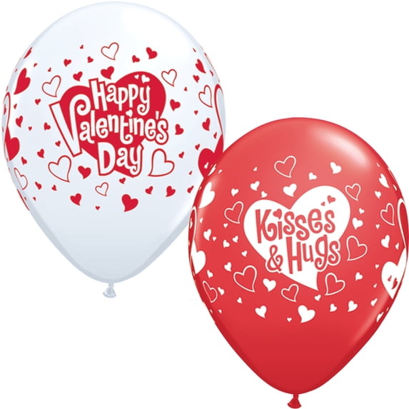 Valentine's Hugs & Kisses Printed Designer 11" Latex Balloons, Red White, 50 CT