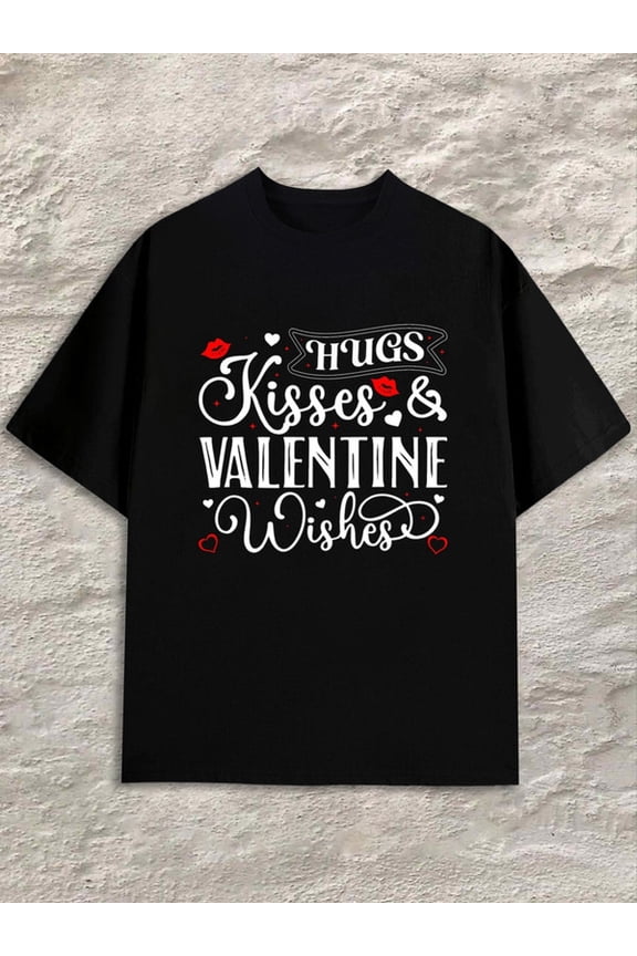 Valentine's Hugs Kisses mens black Breathable fabric, round neck, short sleeves Casual Unisex Shirt Graphic Tee tshirts Vintage Unisex Shirt Cotton tshirts