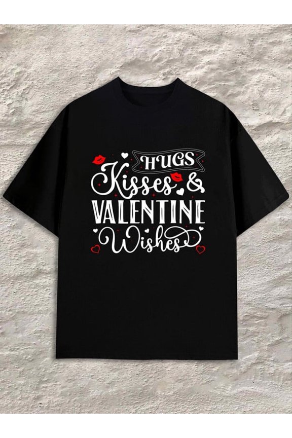 Greenink Valentine's Hugs Kisses mens black Breathable fabric, round neck, short sleeves Casual Unisex Shirt Graphic Tee tshirts Vintage Unisex Shirt Cotton tshirts