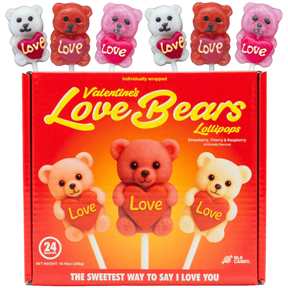 Valentines Love Bears Lollipops, Dye-Free, Strawberry Raspberry Cherry Flavors, Individually Wrapped, 24 Count, 14.2 oz
