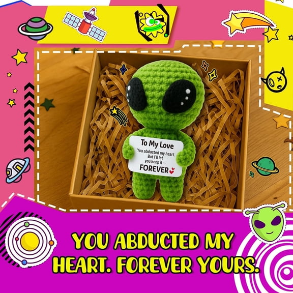 Valentines To My Love Gifts Handmade Crochet Alien with Romantic Message Card Anniversary, Galentines Day, Birthday, or Just Because Gift for Girlfriend Boyfriend Husband Wife Her or Him