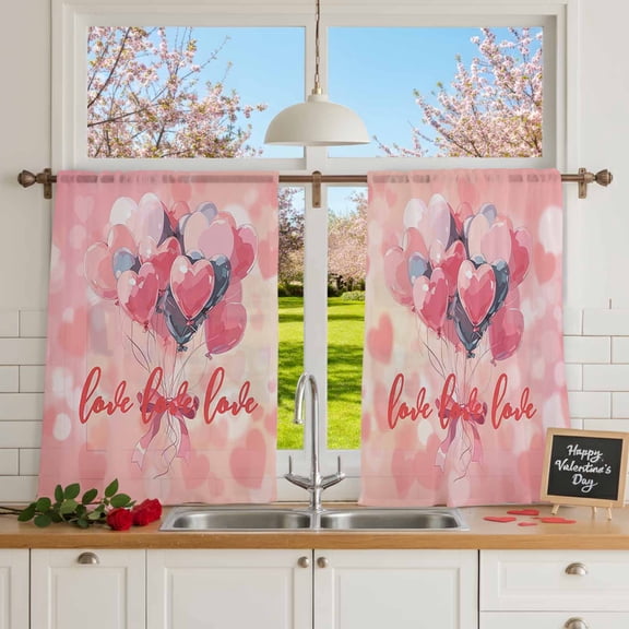 Valentine's Love Heart Balloon Chiffon Sheer Curtains 54 Inches Long, Watercolor Pink Sweetheart 2 Rod Pocket Window Treatment Voile Drapes Curtains for Living Room Bedroom,2 Panels, 52x54In