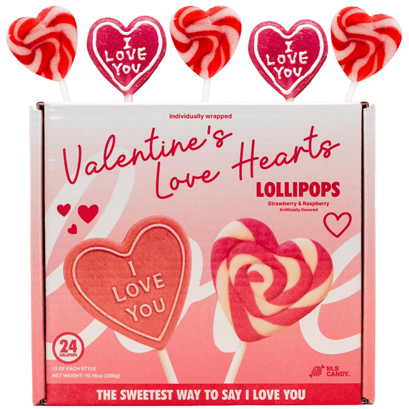 Valentine’s Love Hearts Lollipops, Strawberry & Raspberry Flavors, Individually Wrapped, 24 Count, 14.2 oz