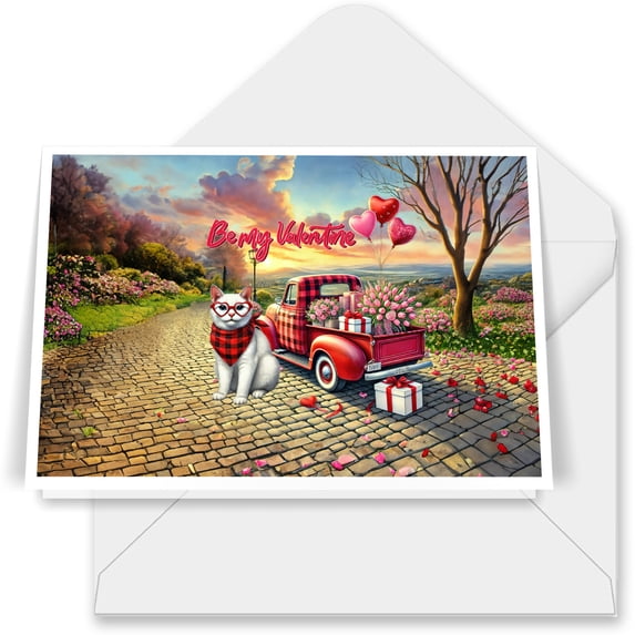 Be My Valentine's Manx Truck Full of Love Flower Balloon 7x5in Folded Greeting Card Cat Lover Kitten Owner Gifts Single Note Card with Envelope - 02029