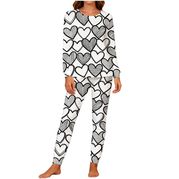 Valentine's Matching Pajamas for Couples, Graffiti Heart Print Sleepwear, Crew Neck Long Sleeve Shirts & Pants, Casual Lightweight Pajama Sets 2-Piece Loungewear Pjs 2026 Lover Gift