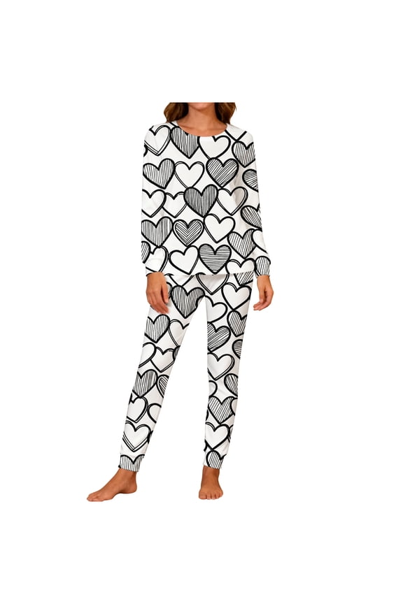 Valentine's Matching Pajamas for Couples, Graffiti Heart Print Sleepwear, Crew Neck Long Sleeve Shirts & Pants, Casual Lightweight Pajama Sets 2-Piece Loungewear Pjs 2026 Lover Gift
