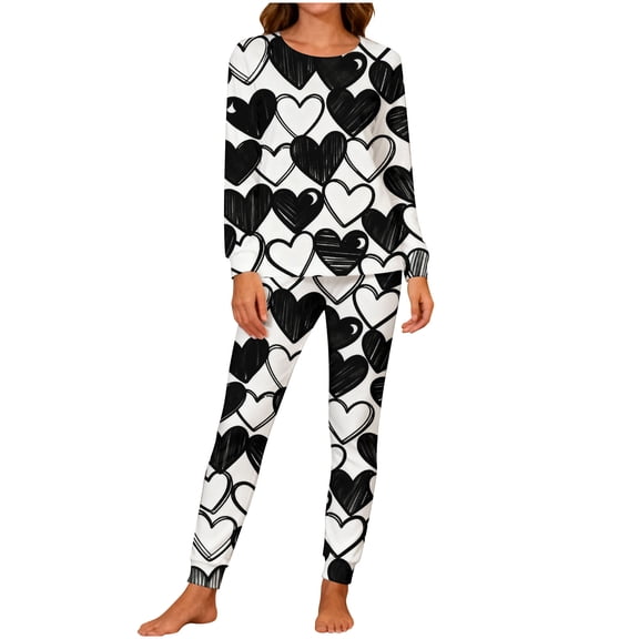 Valentine's Matching Pajamas for Couples, Graffiti Heart Print Sleepwear, Crew Neck Long Sleeve Shirts & Pants, Casual Lightweight Pajama Sets 2-Piece Loungewear Pjs 2026 Lover Gift