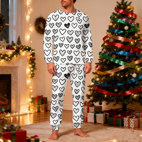 Valentine's Matching Pajamas for Couples, Graffiti Heart Print Sleepwear, Crew Neck Long Sleeve Shirts & Pants, Casual Lightweight Pajama Sets 2-Piece Loungewear Pjs 2026 Lover Gift