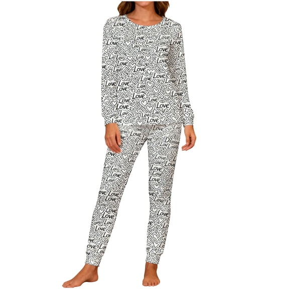 Valentine's Matching Pajamas for Couples, Graffiti Heart Print Sleepwear, Crew Neck Long Sleeve Shirts & Pants, Casual Lightweight Pajama Sets 2-Piece Loungewear Pjs 2026 Lover Gift