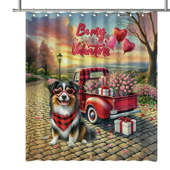 Be My Valentine's Miniature American Shepherd Truck Full of Love Flower Balloon Shower Curtain MAS Dog Lover Gifts Waterproof Bathroom Bathtub Curtain - 02029