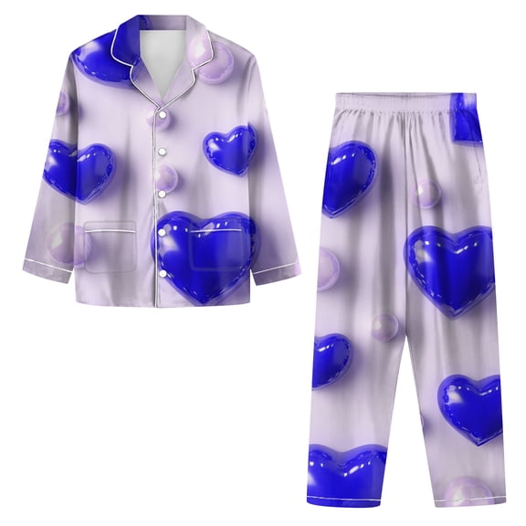 Valentine's Nightwear Set for Women - Long Sleeve Button Down Pajamas with Heart & Butterfly Print Royal Blue XL