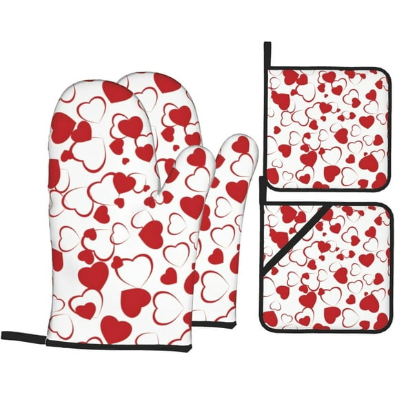 Valentine''s Oven Mitts and Pot Holders 4 Pcs Sets for Kitchen, Cooking Gloves Heat Resistant Oven Mitt Gloves Non Slip Potholders BBQ Gloves for Baking, Grilling, BBQ