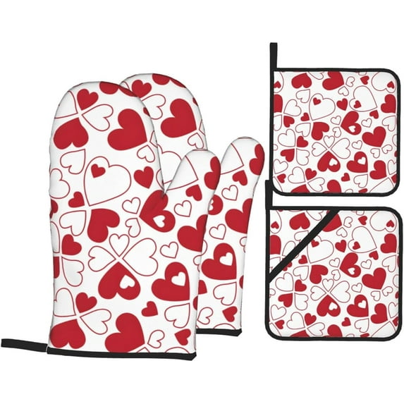 Valentine''s Oven Mitts and Pot Holders 4 Pcs Sets for Kitchen, Cooking Gloves Heat Resistant Oven Mitt Gloves Non Slip Potholders BBQ Gloves for Grilling, Baking, BBQ