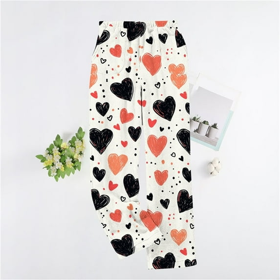 Valentine's Pajamas for Women Heart Print Cozy Flannel with Pockets Long Pajamas Pants