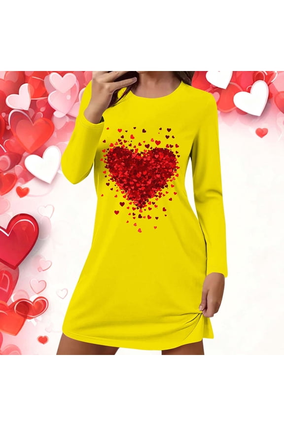 Valentine's Pajamas for Women Heart Printed Long Sleeve Round Neck Lover Home Short Sleep Skirt