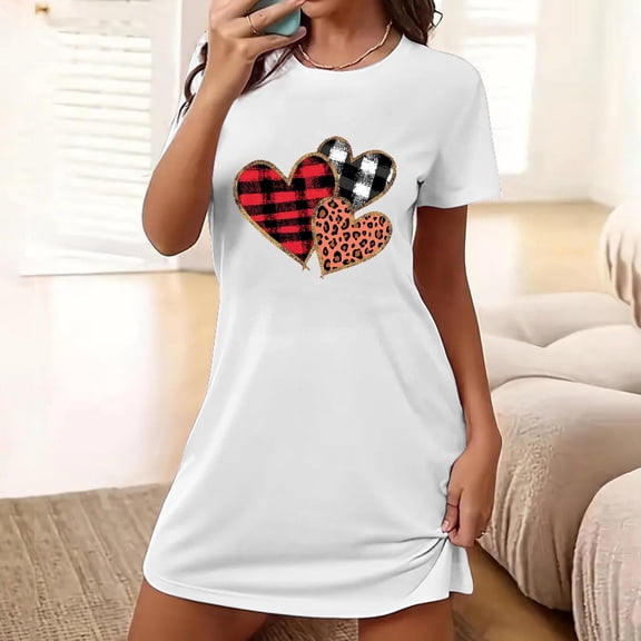 Valentine's Pajamas for Women Oversized Short Nightgown Heart Print Short Sleeve Nightdress