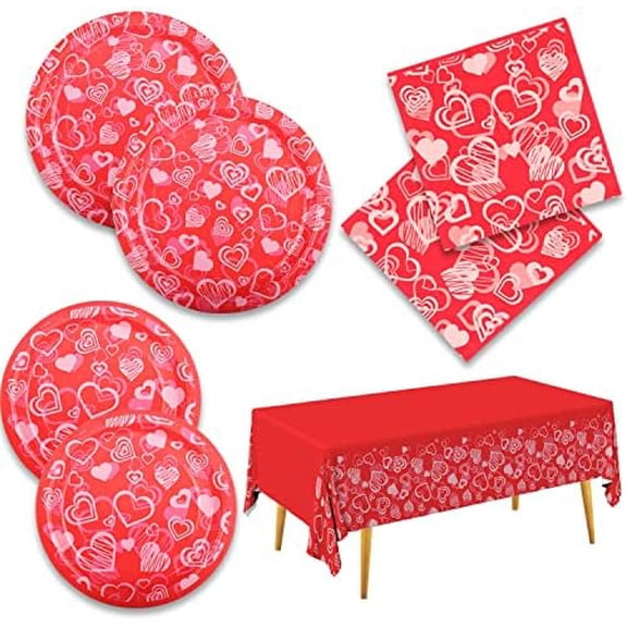 Valentine's Party Supplies Hot Heart Love Disposable Paper Plates Napkins Waterproof plastic Tablecloth for Valentine's , Engagements, Anniversary, Birthday Party Serve 50