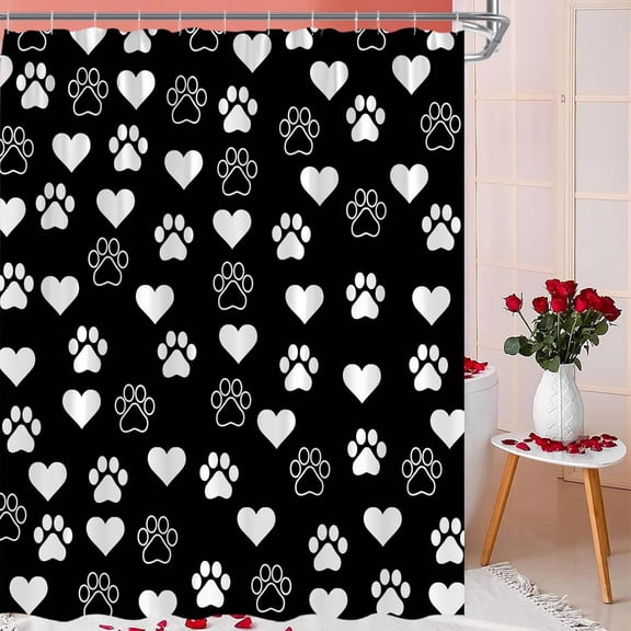 Valentine''s Paw Print Heart Shower Curtain Black Dog Animal Paw Print Love Funny Cute Romantic Modern Bathroom Curtain with Hooks,35x70Inch