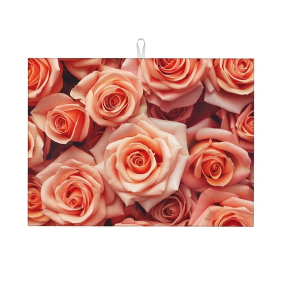 Valentine's Pink Roses Bloom Dish Drying Mat XL for Kitchen Counter Microfiber Absorbent Leaves Dish Draining Mat Reusable Washable Large 18"x24"