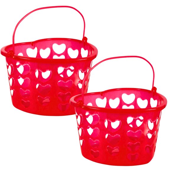 Valentine's Red Heart Shaped Slotted Basket with Handles, (Pack of 2) Plastic Mini Love Easter Gift Basket Wedding Birthday Party Gifts Favors Container Home Organizer & CUSTOM Storage Carrier