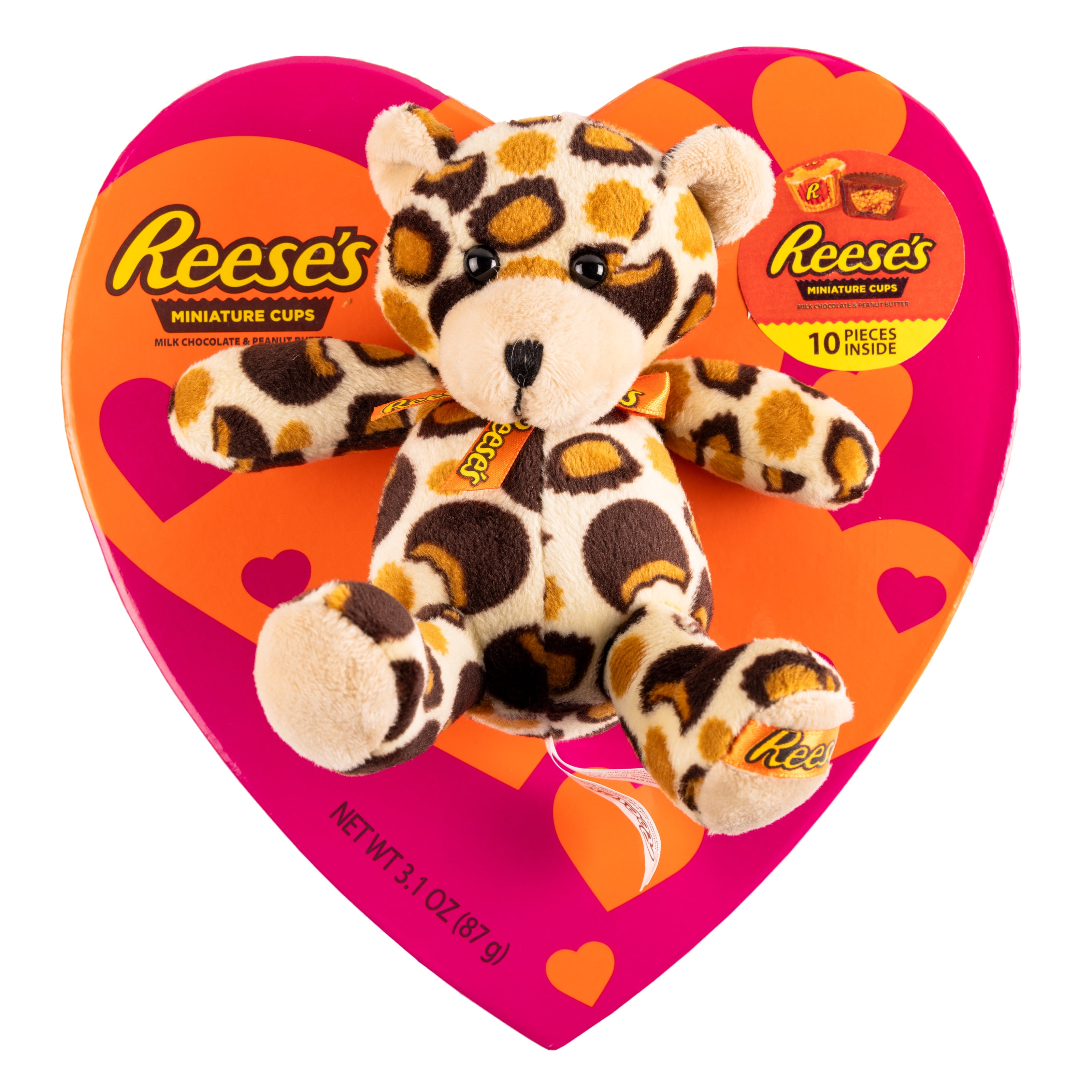 Galerie REESE'S Heart Box with Leopard Plush and REESE'S Peanut Butter Cups Miniatures, 3.1 oz