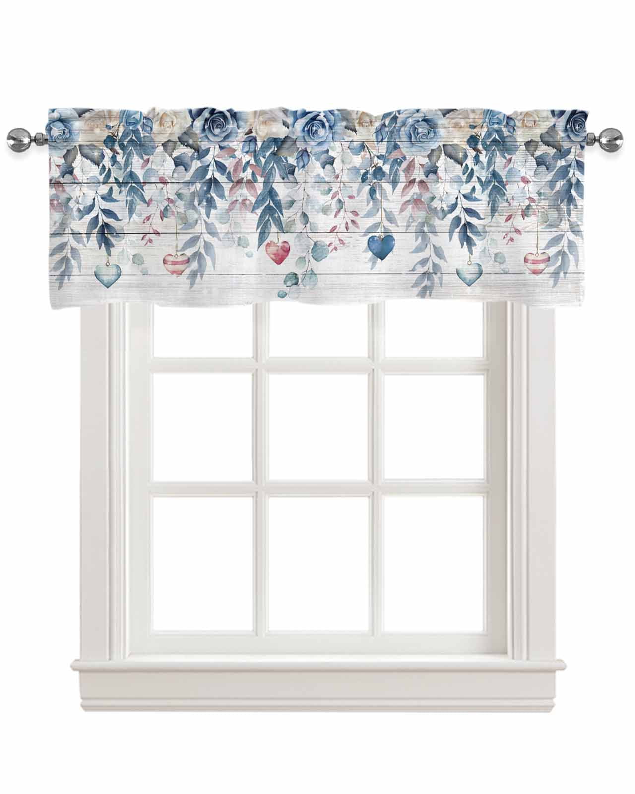 Valentine's Rose Blue Linen Curtain Valance for Bedroom/Bathroom/Kitchen/Office/Living/Dining Room Windows, Farmhouse Woodgrain Leaves Rod Pocket Topper Decorative Cafe Drapes Panel 42"x18"