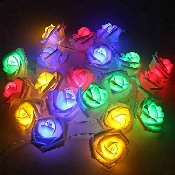 Valentine's Rose LED Lights, 20 LED Battery Operated String Romantic Flower White Rose with Green Leaves, 7ft Fairy Decorative Light Lamp, Wedding, Room, Garden, Patio, Festival Party Decor (Colorful)