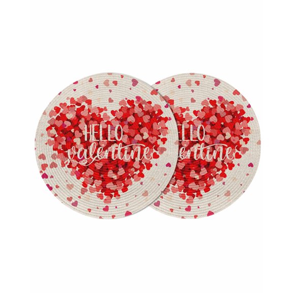 Valentine's,Round Placemats Set of 2 for Dinning Tables,Heat-proof Braided Table Mats 15 Inch,Farmhouse Romantic Love Heart Red Washable Place Mat for Kitchen Restaurant Party Decor Table Setting