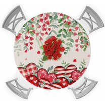 Valentine''s Round Table Covers with Elastic Red Check Love Heart Waterproof Fitted Tablecloth Wipable Table Cover Fits Up to 45-54In Tables, Roses Eucalyptus on Linen Table Cloth for Outdoor/Indoor