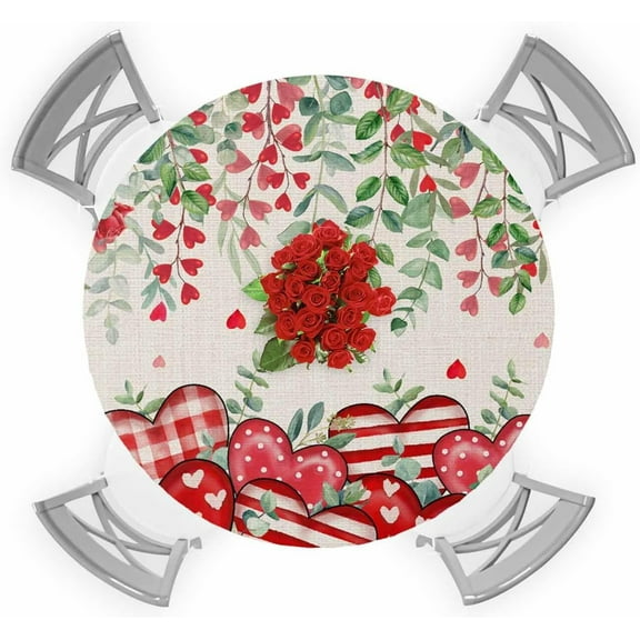 Valentine''s Round Table Covers with Elastic Red Check Love Heart Waterproof Fitted Tablecloth Wipable Table Cover Fits Up to 45-54In Tables, Roses Eucalyptus on Linen Table Cloth for Outdoor/Indoor