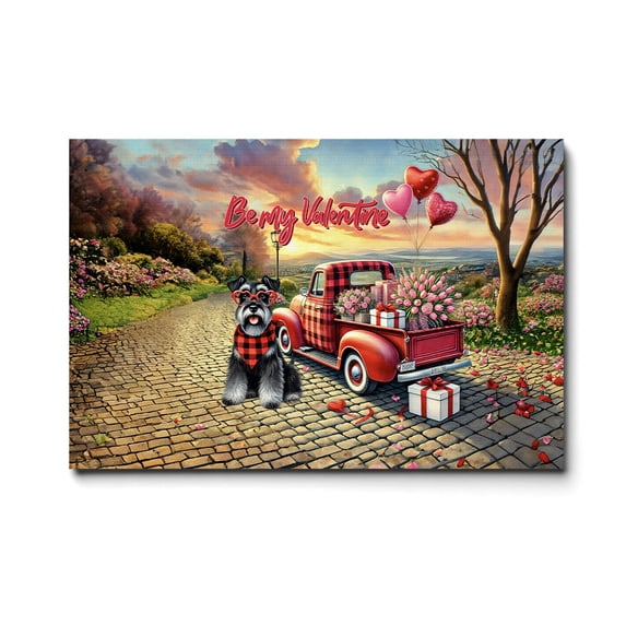 Be My Valentine's Schnauzer Truck Full of Love Flower Balloon Horizontal Matte Canvas Poster Miniature Schnauzer Dog Lover Wall Art Home Decor - 02029