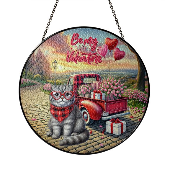 Be My Valentine's Scottish Fold Truck Full of Love Flower Balloon Stained Glass Suncatcher Cat Lover Kitten Owner Gifts Window Hanging Sign Decor - 02029