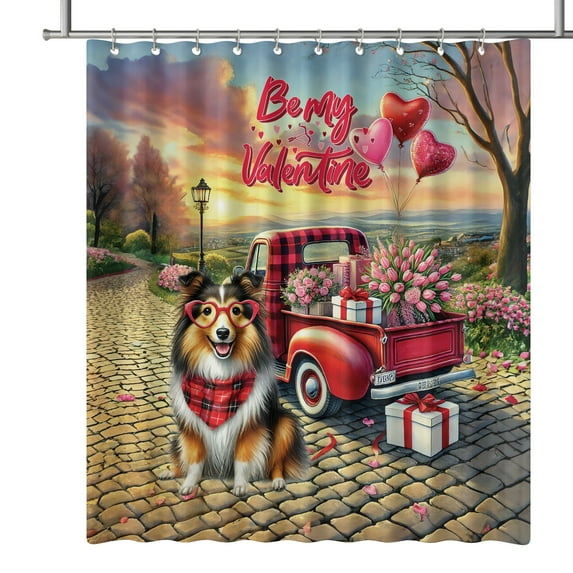 Be My Valentine's Shetland Sheepdog Truck Full of Love Flower Balloon Shower Curtain Sheltie Dog Lover Gifts Waterproof Bathroom Bathtub Curtain - 02029
