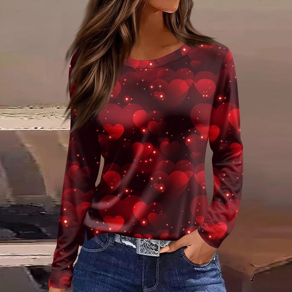 Valentine's Shirts Women's Casual Long Sleeve Heart Print Tops Loose Fit Tunic Round Neck Slit Hem Pullover Wine M
