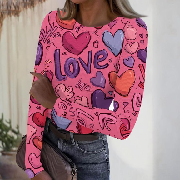 Valentine's Shirts for Women Long Sleeve Crewneck Pink Heart Pattern Slim Fitted Shirts Stretch Rib Knit Basic Tees
