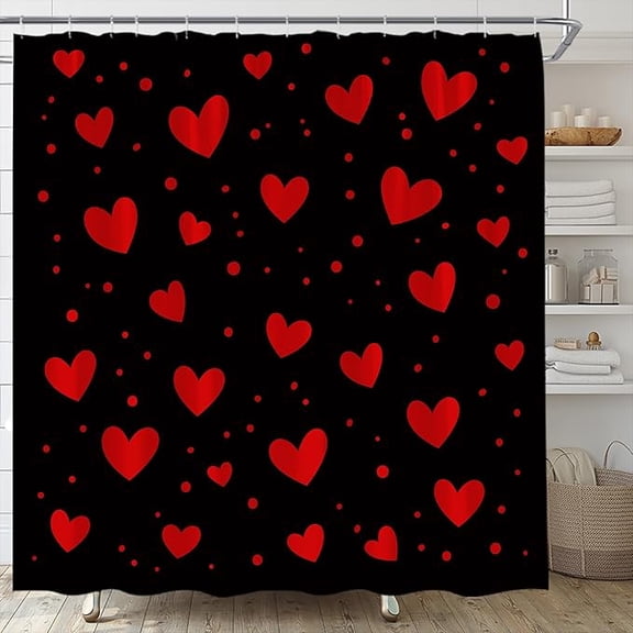 Valentine's Shower Curtain Black Red Heart Polka Dot Sweet Romantic Love Bathroom Curtains Decor Fabric Set Include Hooks 36"W x 72"L (Pack of 1)