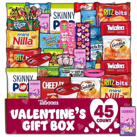Valentine's Snacks Care Package Gift Box - Snack Box Gift Basket - Large Variety Snacks, Candy & Treats for College Students, Adults, Kids - 45 Count