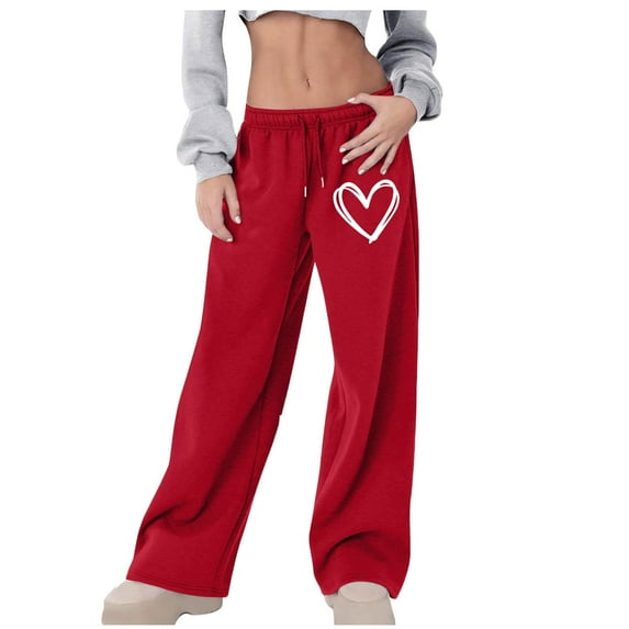 Valentine's Sweatpants for Women Heart Print Wide Leg Pants with Pockets Baggy Workout Slack Comfy Drawstring Athletic Pants Loose Fit Slacks Casual Business Outfits 2026 Valentines Trouser