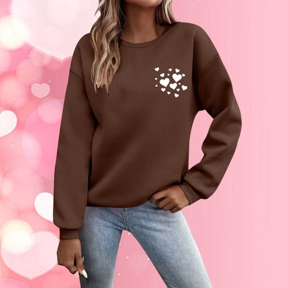 Valentine's Sweatshirt for Women 2026 Love Heart Graphic Pullover Crewneck Long Sleeve Tops Valentines Sweatshirt Brown XL
