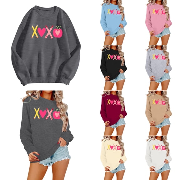 Valentine's Sweatshirt for Women 2026 Love Heart Graphic Pullover Crewneck Long Sleeve Tops Valentines Sweatshirt Grey XXL