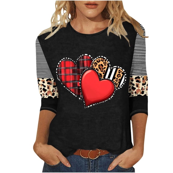 Valentine's T Shirts for Women Valentine's Day Holiday Love Heart Printed Shirts Tops Casual 3/4 Sleeve Top Spring Summer T Shirt Loose Round Neck Blouses
