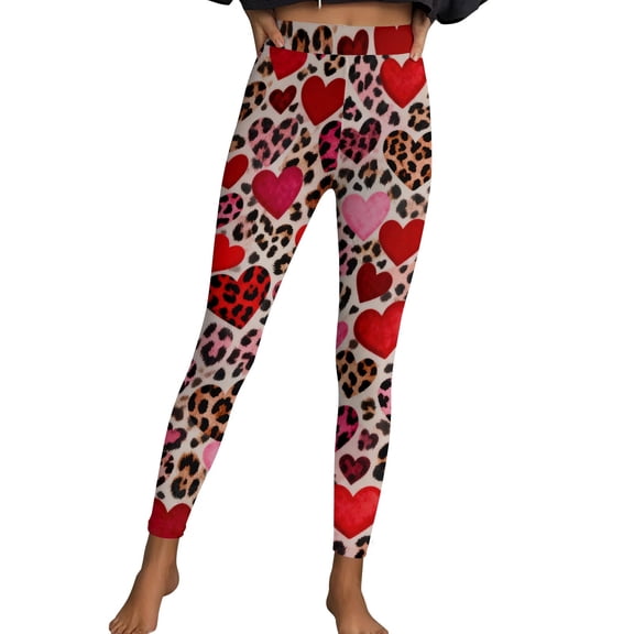 Valentine's Yoga Pants for Women Elastic Waist Heart Print Stretch Leggings Pink M