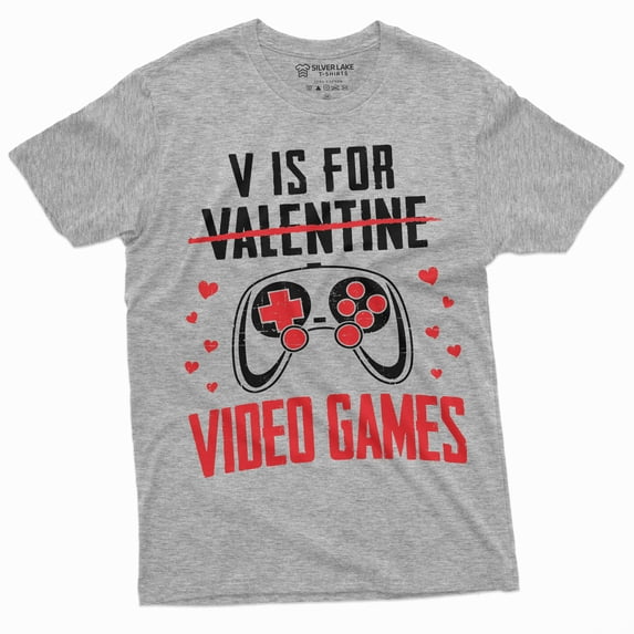 Valentine's day Funny Gamer T-shirt V for Video Games Gaming Boyfriend Valentine Gifts (3X-Large Grey)