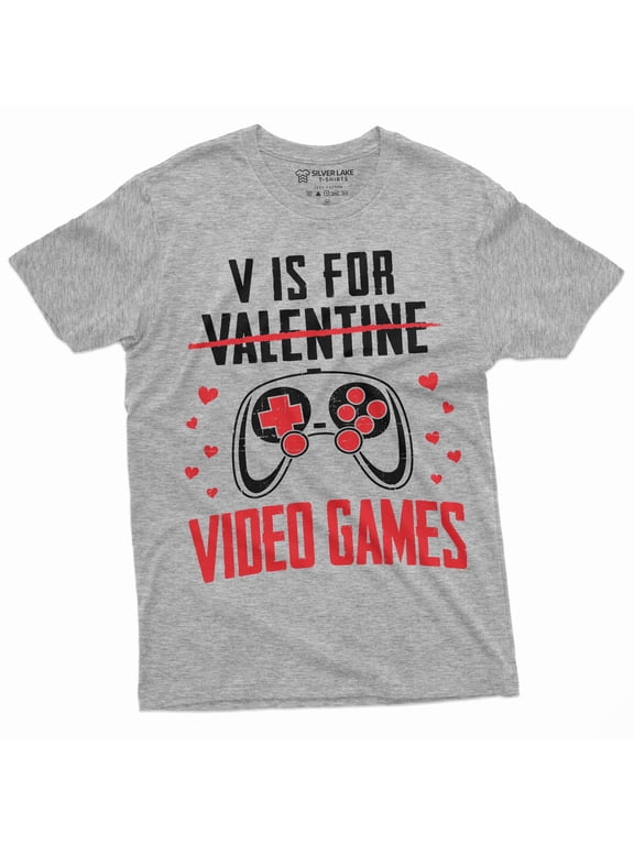 Valentine's day Funny Gamer T-shirt V for Video Games Gaming Boyfriend Valentine Gifts (Small Grey)