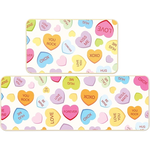 Valentine’s day Mats Set of 2 Love Heart Valentines Kitchen Rugs Conversation Heart Floor Mats Welcome Door Mat for Holiday Outdoor Home Kitchen Bathroom Decoration 17 x 29Inch, 17 x 47 Inch