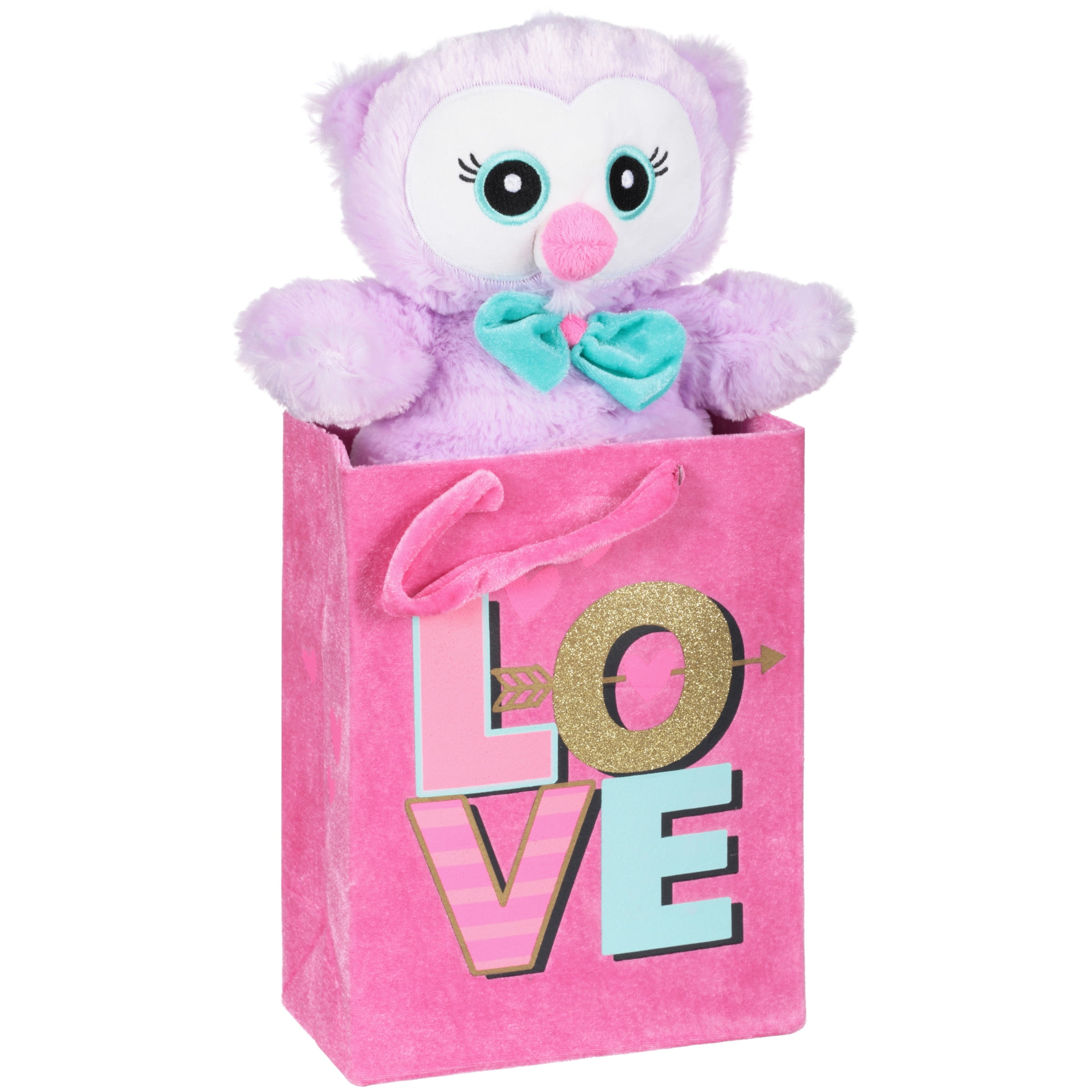 Valentine's day stuffed owl with fabric gift bag