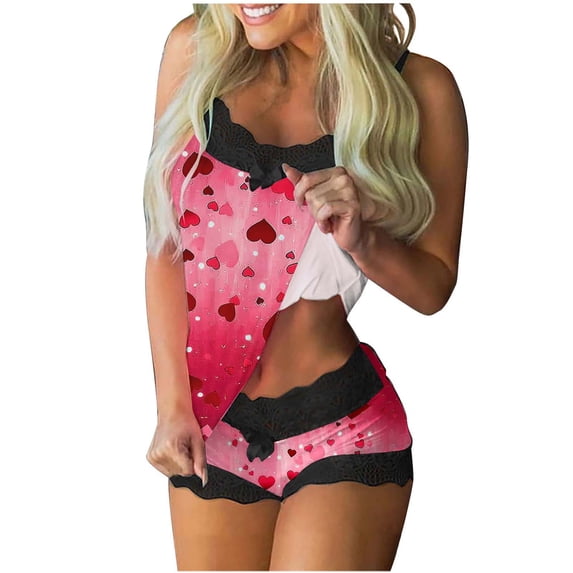 Valentines 2 Piece Outfits Womens Lace Trim Pajama Set Casual Spaghetti Strap Top with Shorts 2 Pacs Valentine's Day Heart Print Lounge Outfit
