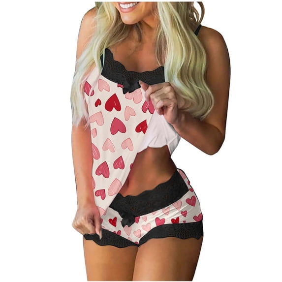 Valentines 2 Piece Outfits Womens Lace Trim Pajama Set Casual Spaghetti Strap Top with Shorts 2 Pacs Valentine's Day Heart Print Lounge Outfit