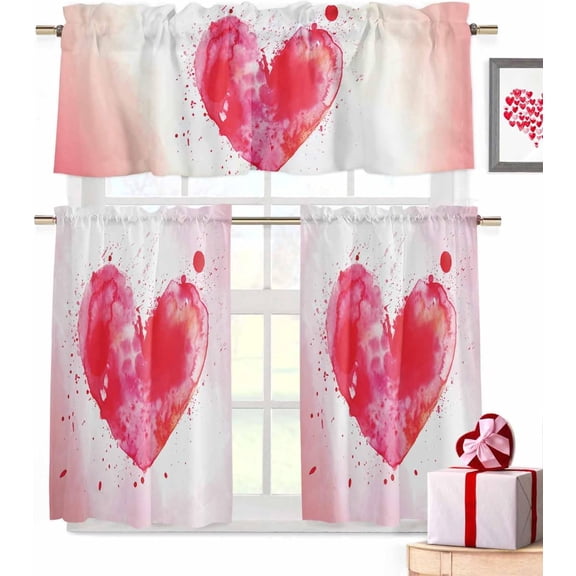 Valentines 3 Piece Kitchen Curtain Tiers and Valances Set Valentines Day Love Window Curtains Set Abstract Heart Pattern Splash-Ink Effect Rod Pocket Valance Valentines Decor 54 x 24 in
