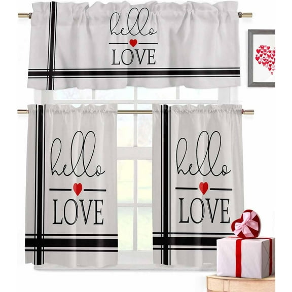 Valentines 3 Piece Kitchen Curtains Tiers and Valances Set Hello Love Window Curtains Set Black Stripes Decor Rod Pocket Valance for Kitchen Bedroom Living Room Valentines Decor 54 x 24 in